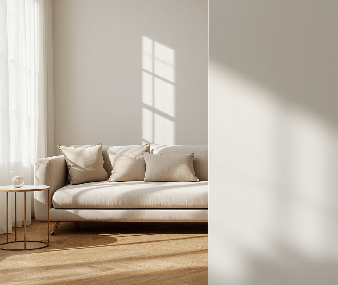 Warm contemporary living room with a cream sofa